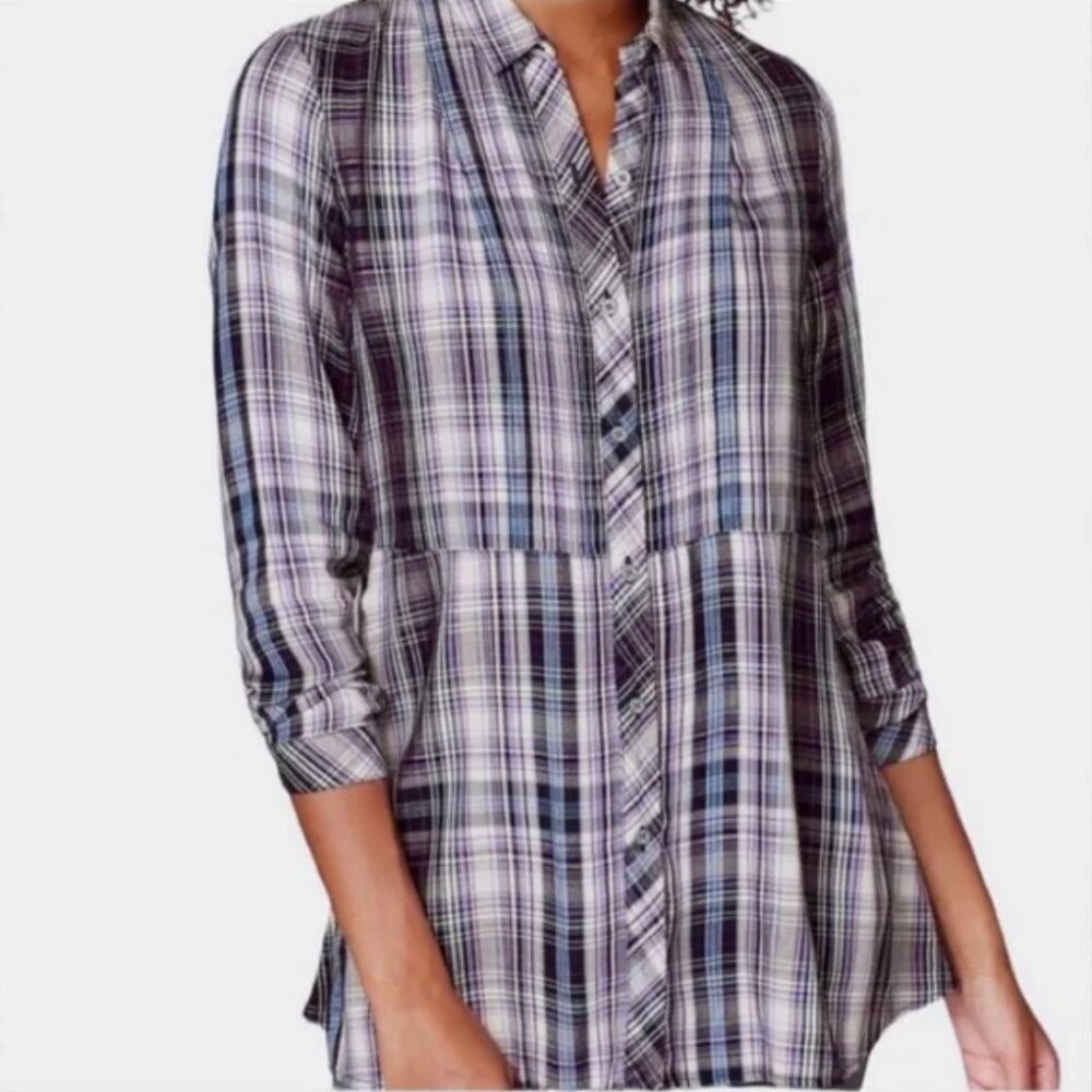 J. JILL Pintuck Plaid Tunic Top Cream Ivory Purple Flannel Button Down PETITE S